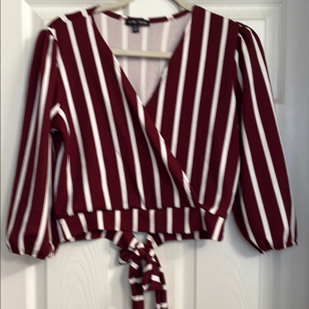 Moa Moa burgandy and White 3/4 Sleeve Wrap Crop Blouse